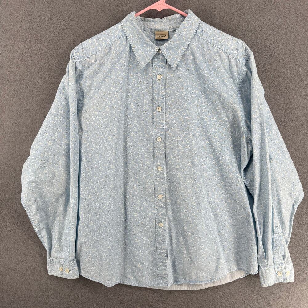 Vintage LL Bean Button Up Long Sleeve Shirt Womens 1X? (No Size Tag) Blue Floral